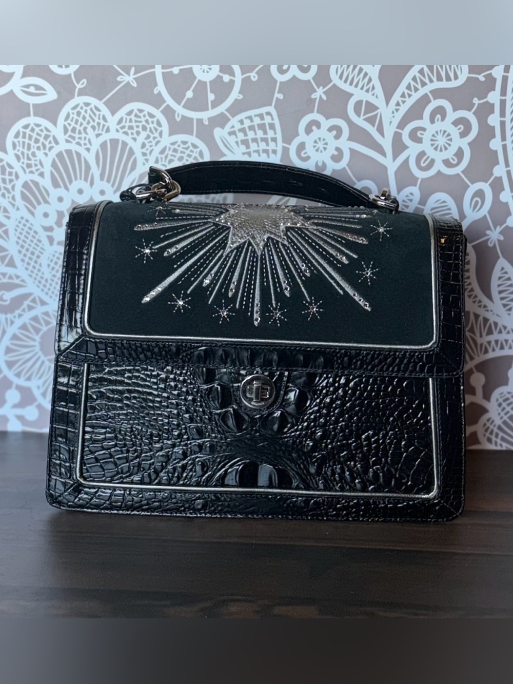 FIRM Brahmin Hallie Black Revel Luxury CRYSTALS ITALIAN SUEDE Satchel Bag $495 - Picture 10 of 13